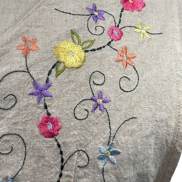 VTG 90s Tan Linen Maxi Dress XL Embroidered Vest Cottage Boho Prairie Teacher - Picture 3 of 8